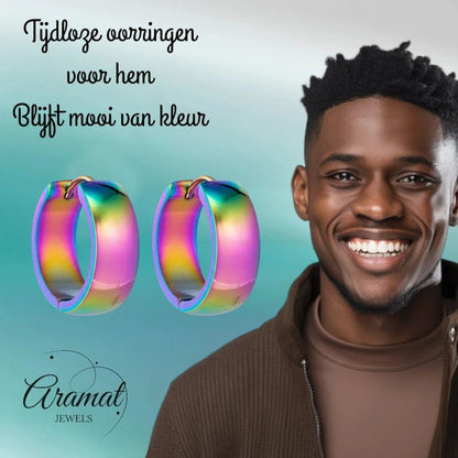 RVS Huggie Oorringen Glad Regenboogkleur 20mm - Unisex - Aramat Jewels - Oorringen - cadeautip