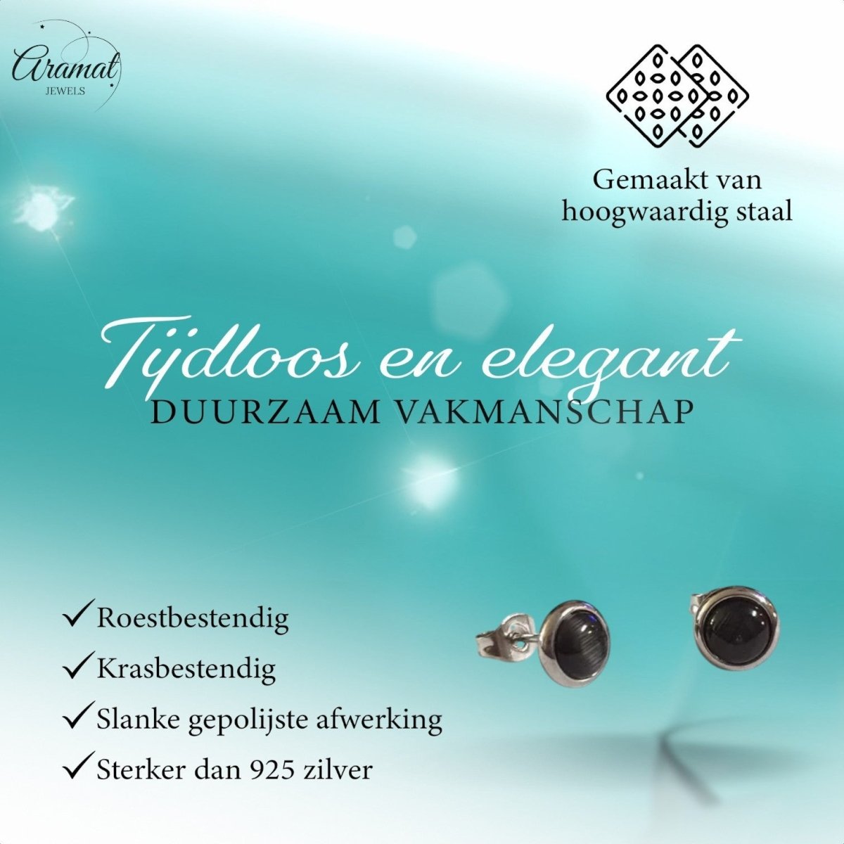 RVS Kattenoog Oorbellen 8mm – Zwart - Aramat Jewels - Oorbellen - cadeautip
