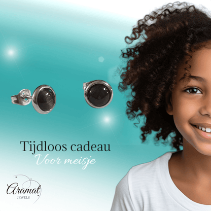 RVS Kattenoog Oorbellen 8mm – Zwart - Aramat Jewels - Oorbellen - cadeautip