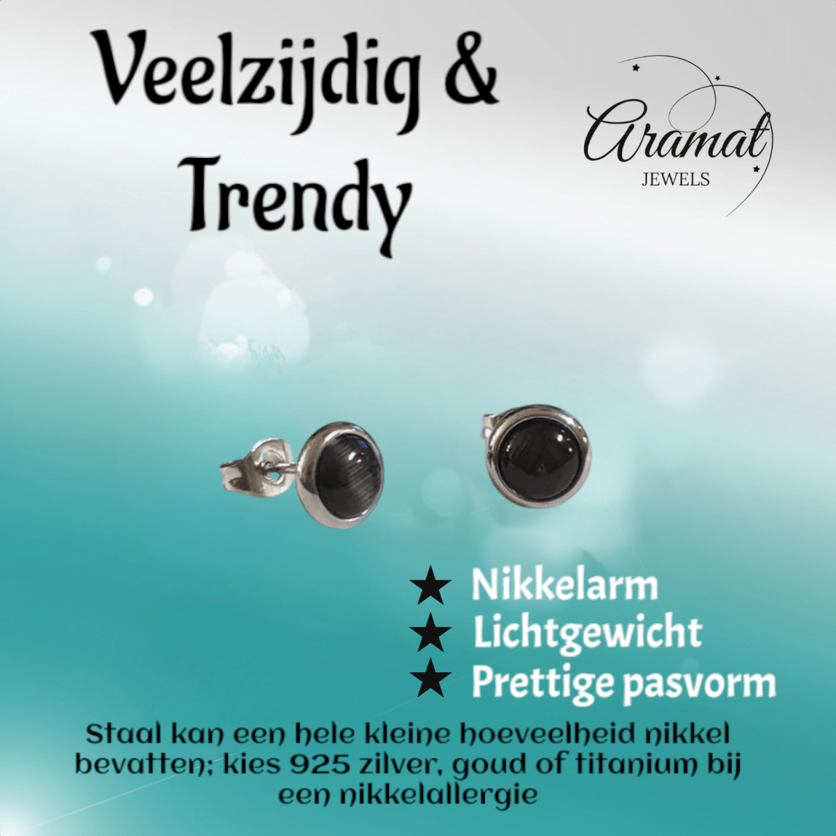 RVS Kattenoog Oorbellen 8mm – Zwart - Aramat Jewels - Oorbellen - cadeautip