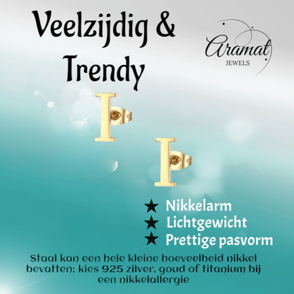 RVS letter I oorstekers goudkleurig - Aramat Jewels - Oorbellen - cadeautip