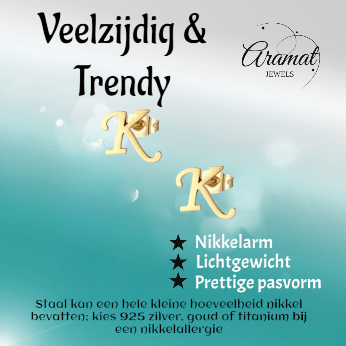 RVS letter K oorstekers goudkleurig - Aramat Jewels - Oorbellen - cadeautip