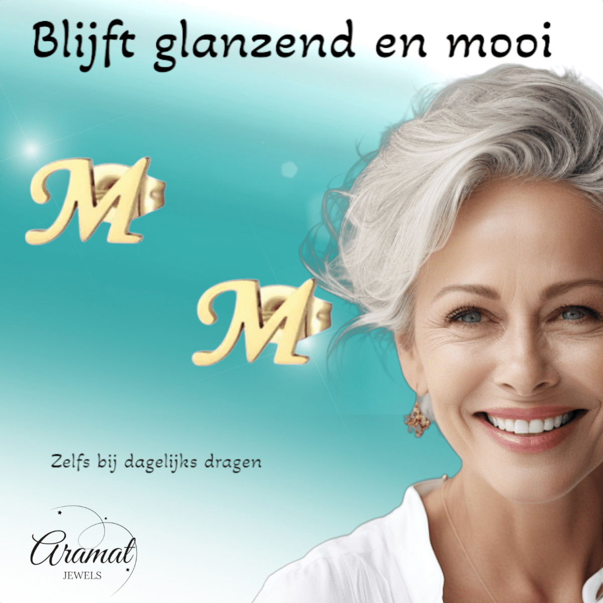 RVS letter M oorstekers goudkleurig - Aramat Jewels - Oorbellen - cadeautip