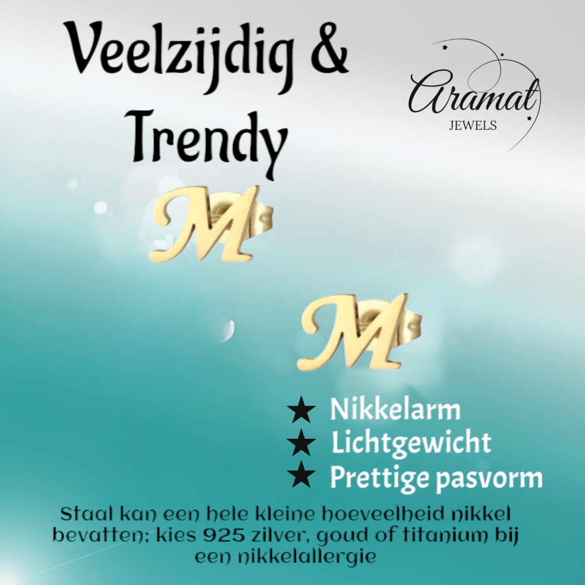 RVS letter M oorstekers goudkleurig - Aramat Jewels - Oorbellen - cadeautip