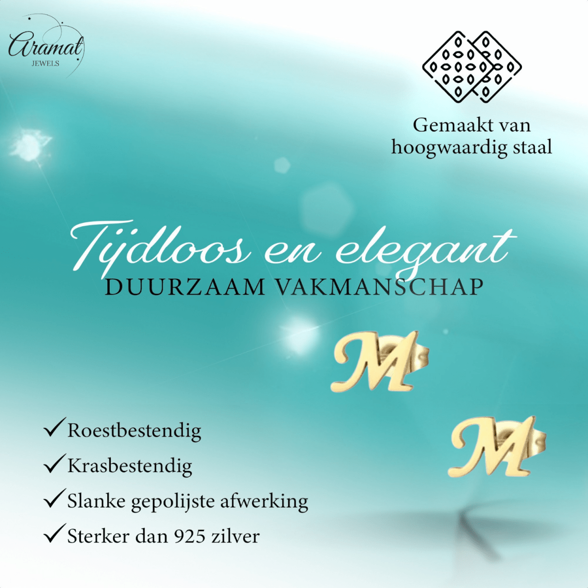 RVS letter M oorstekers goudkleurig - Aramat Jewels - Oorbellen - cadeautip
