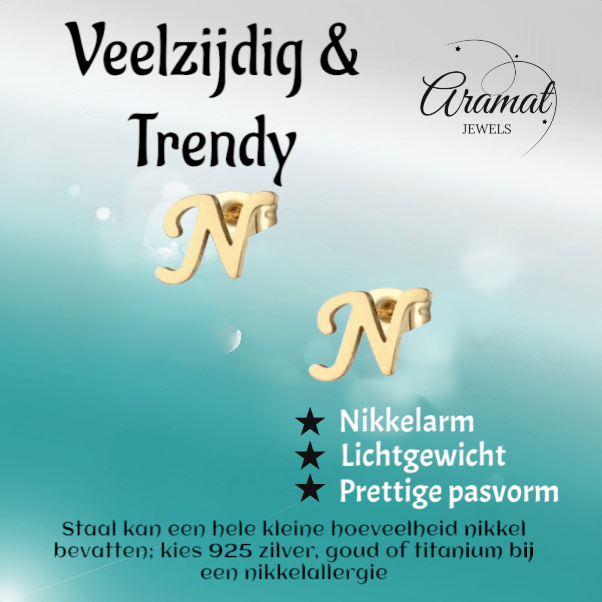 RVS letter N oorstekers goudkleurig - Aramat Jewels - Oorbellen - cadeautip