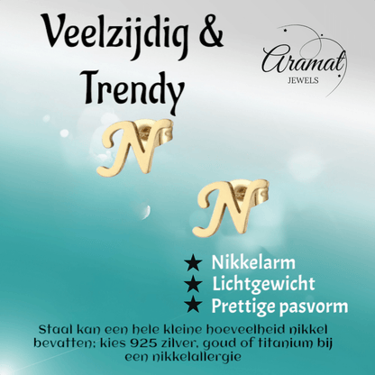 RVS letter N oorstekers goudkleurig - Aramat Jewels - Oorbellen - cadeautip