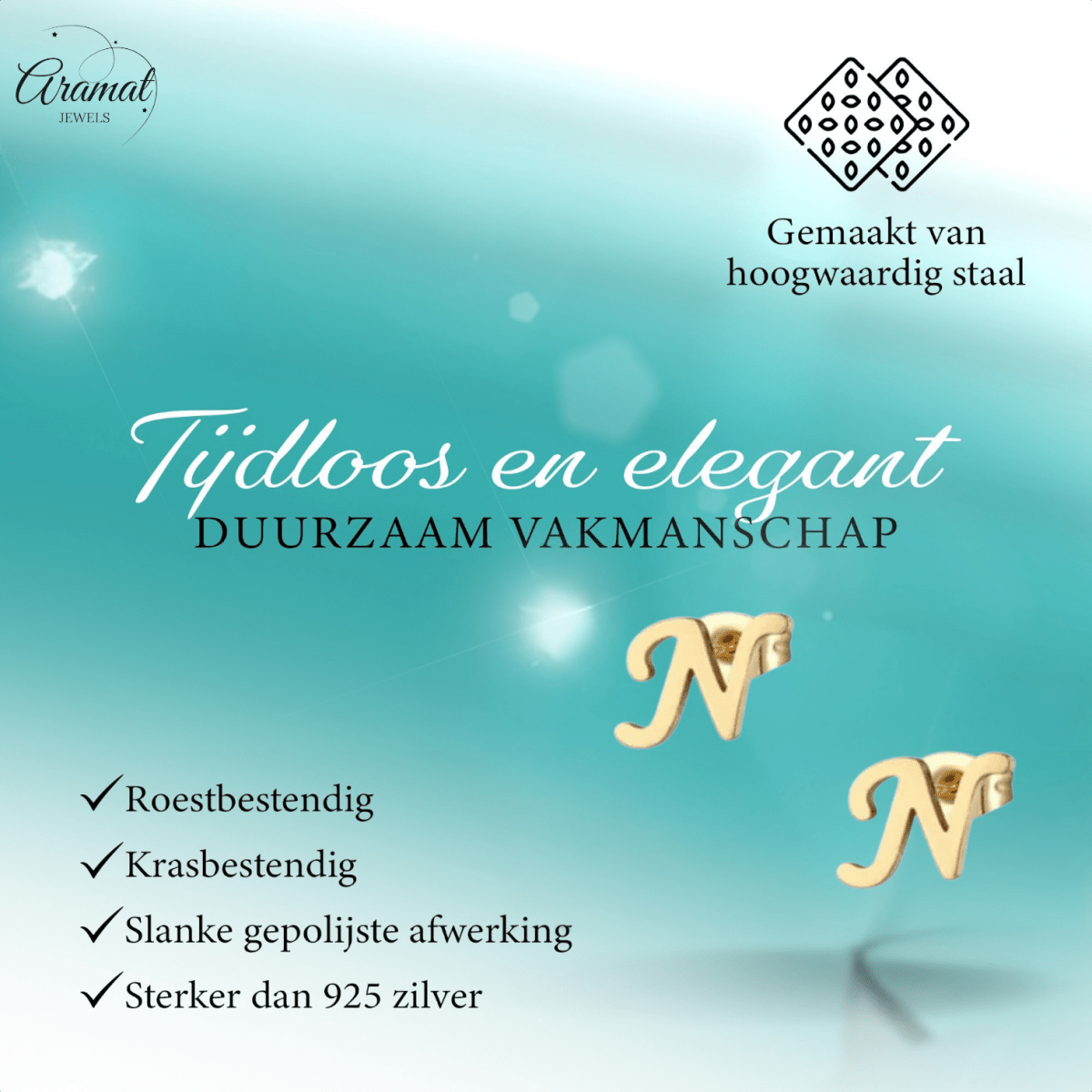 RVS letter N oorstekers goudkleurig - Aramat Jewels - Oorbellen - cadeautip