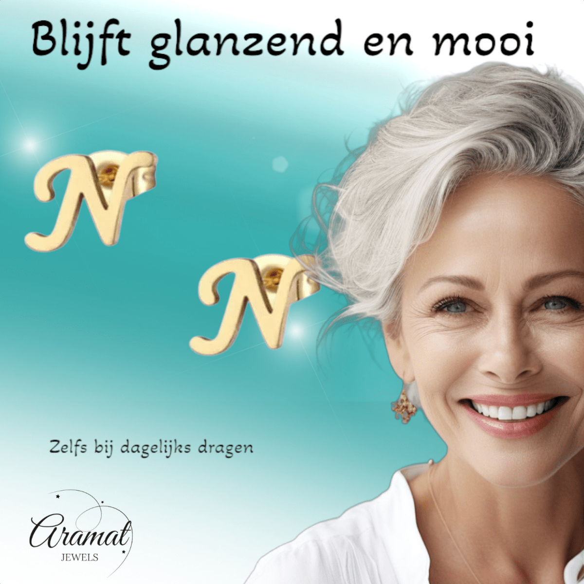 RVS letter N oorstekers goudkleurig - Aramat Jewels - Oorbellen - cadeautip