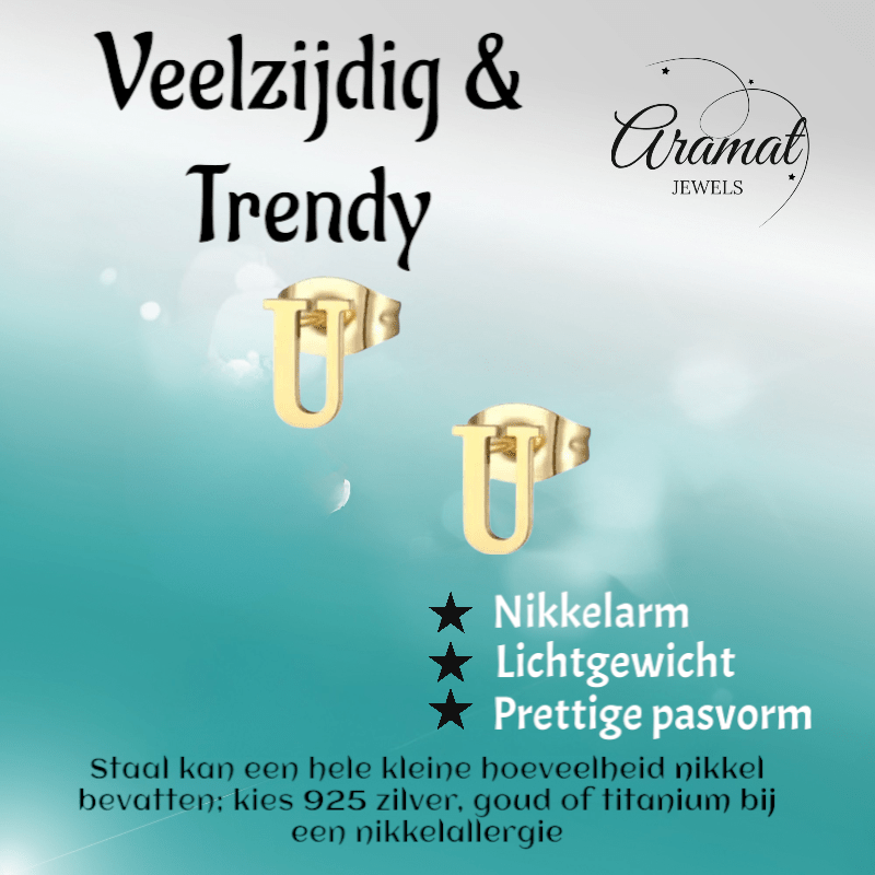 RVS Letter U Oorbellen Goudkleurig – Initiaal - Aramat Jewels - Oorbellen - cadeautip