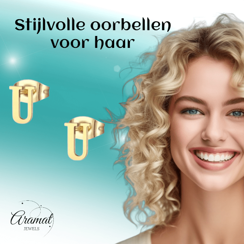 RVS Letter U Oorbellen Goudkleurig – Initiaal - Aramat Jewels - Oorbellen - cadeautip
