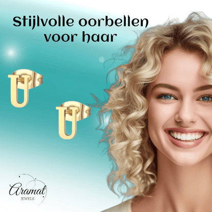 RVS Letter U Oorbellen Goudkleurig – Initiaal - Aramat Jewels - Oorbellen - cadeautip