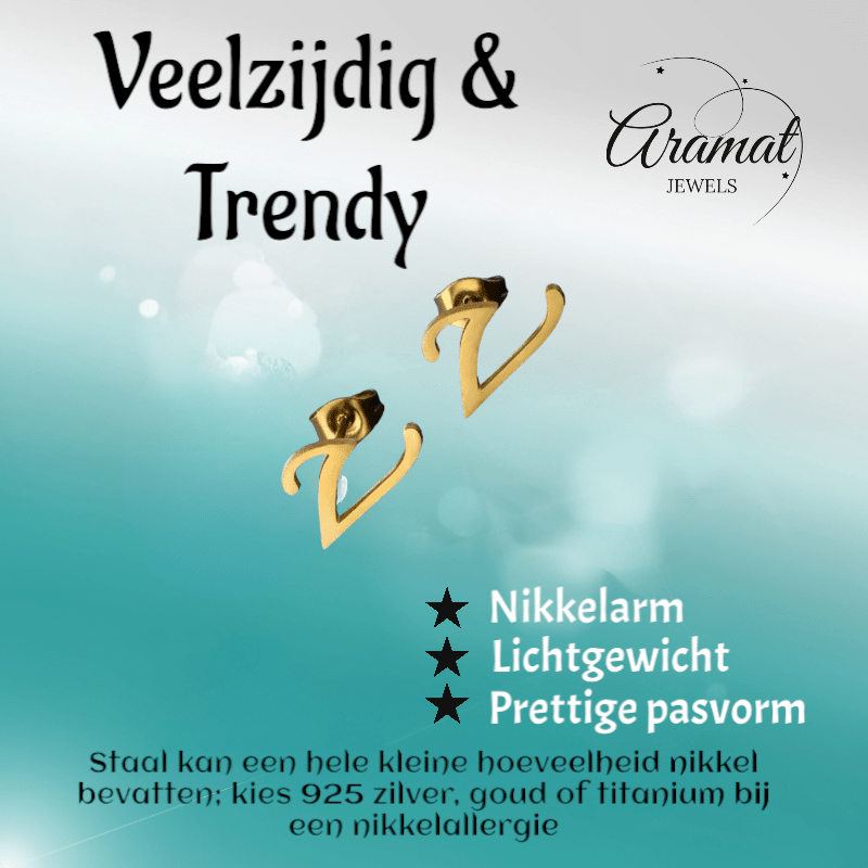 RVS Letter V Oorbellen Goudkleurig – Initiaal - Aramat Jewels - Oorbellen - cadeautip