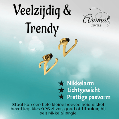 RVS Letter V Oorbellen Goudkleurig – Initiaal - Aramat Jewels - Oorbellen - cadeautip