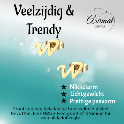 RVS Letter W Oorbellen Goudkleurig – Initiaal - Aramat Jewels - Oorbellen - cadeautip