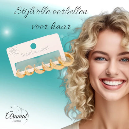 RVS mini oorringen set – goudkleurig – 3 maten huggies - set34 - 539682 - Oorbellen kopen# - alles - cadeau - dames