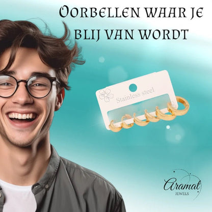 RVS mini oorringen set – goudkleurig – 3 maten huggies - set34 - 539682 - Oorbellen kopen# - alles - cadeau - dames