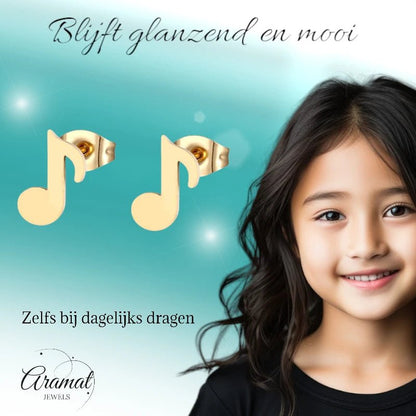 RVS Muzieknoot Oorbellen Goudkleur - oor1637 - fg - Oorbellen kopen# - 7mm - alles - cadeau