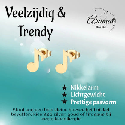 RVS Muzieknoot Oorbellen Goudkleur - oor1637 - fg - Oorbellen kopen# - 7mm - alles - cadeau