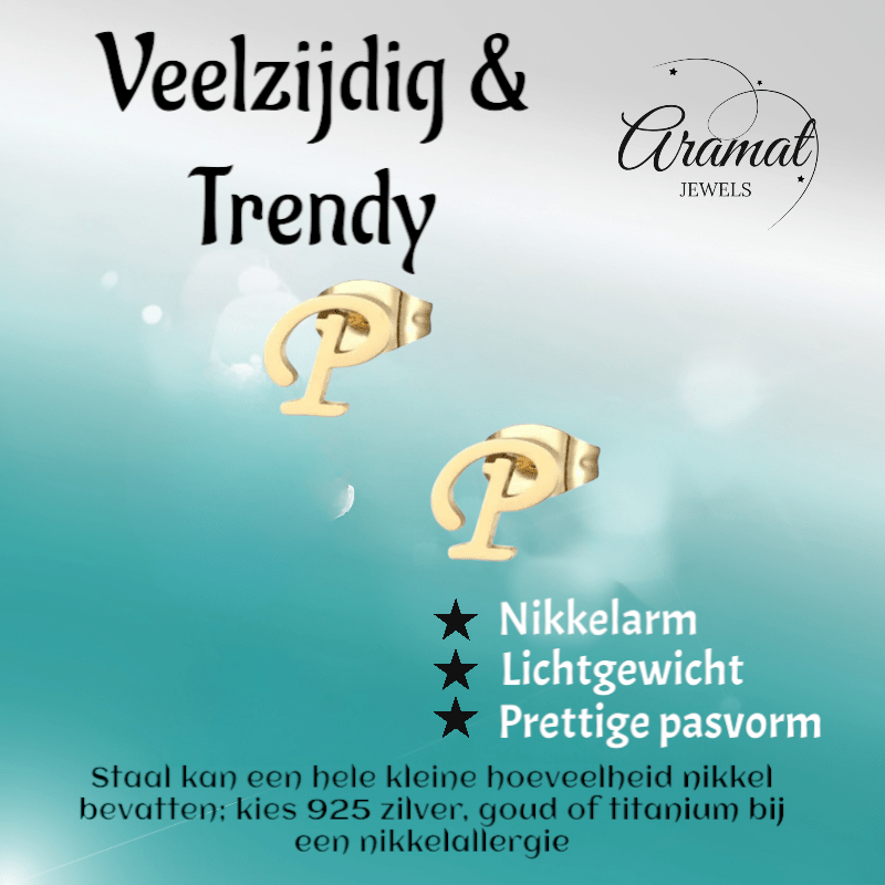 RVS Oorbellen Letter P – Goudkleurig – 10 mm - Aramat Jewels - Oorbellen - cadeautip