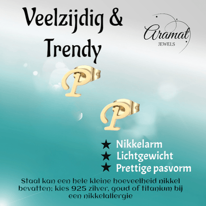 RVS Oorbellen Letter P – Goudkleurig – 10 mm - Aramat Jewels - Oorbellen - cadeautip