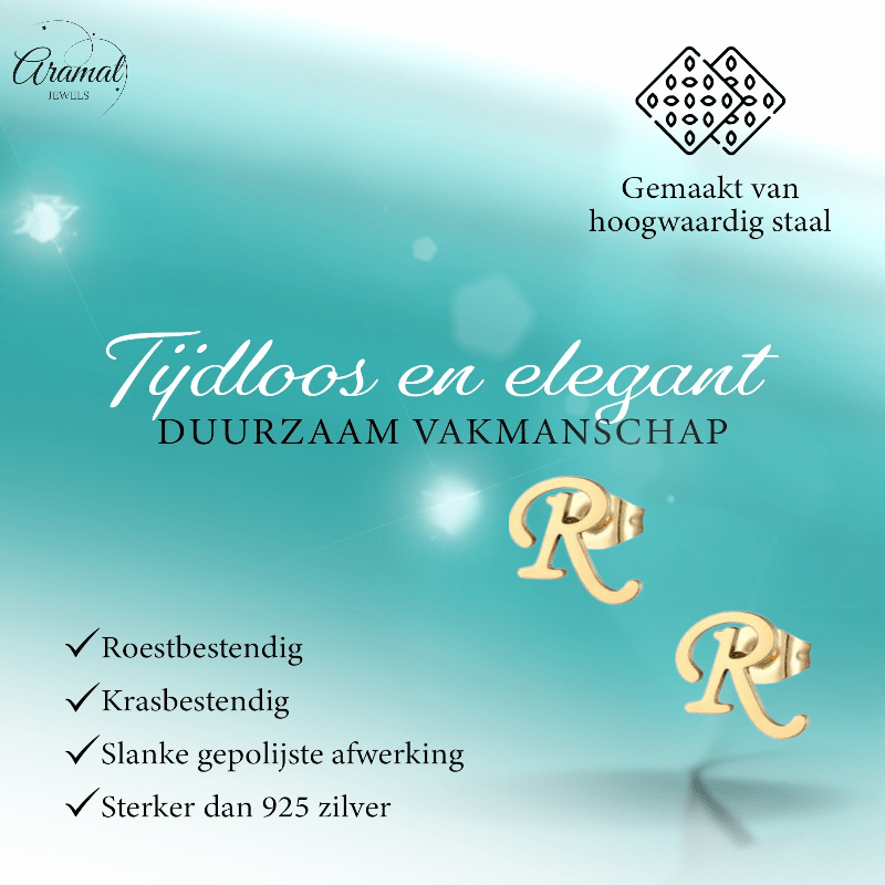 RVS Oorbellen Letter R – Goudkleurig – 10 mm - Aramat Jewels - Oorbellen - cadeautip