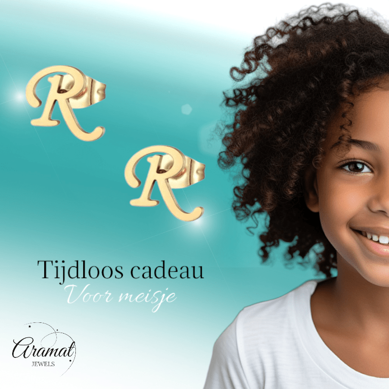 RVS Oorbellen Letter R – Goudkleurig – 10 mm - Aramat Jewels - Oorbellen - cadeautip