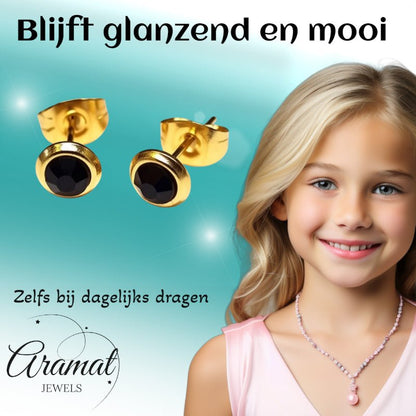 RVS Oorbellen Zwarte Kristal Goudkleur Rond 6mm - Elegante Oorstekers - Aramat Jewels - Oorbellen - cadeautip