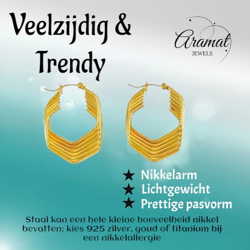 RVS Oorringen Goudkleurig – 35mm – Vijfhoek met 6 Hoepels - oor6322 - 69938 - Oorringen kopen# - 35mm - alles - cadeau