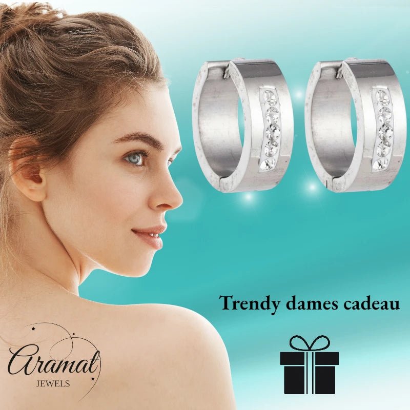 RVS Oorringen Kristal Streep Zilverkleur 20mm - Dames - Aramat Jewels - Oorringen - cadeautip