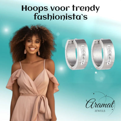 RVS Oorringen Kristal Streep Zilverkleur 20mm - Dames - Aramat Jewels - Oorringen - cadeautip