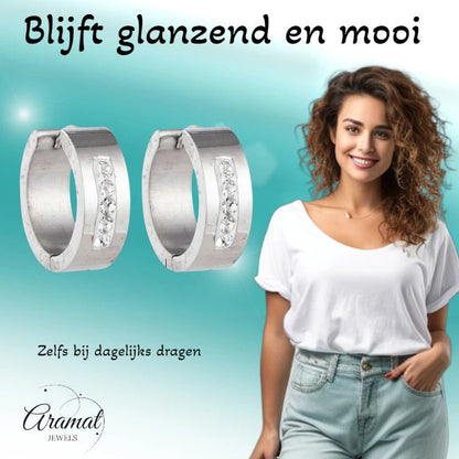 RVS Oorringen Kristal Streep Zilverkleur 20mm - Dames - Aramat Jewels - Oorringen - cadeautip