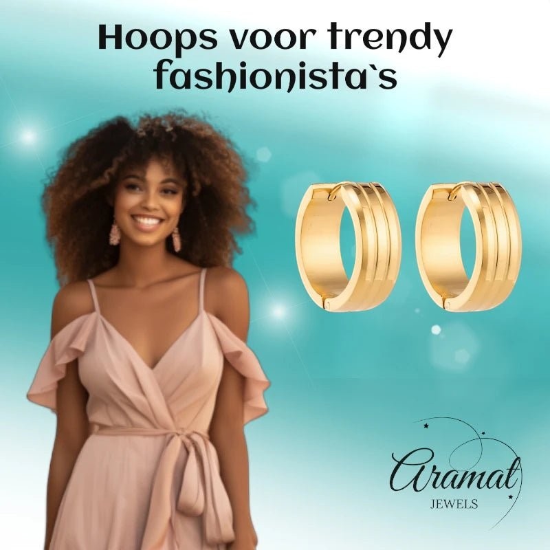 Rvs Oorringen met Dubbele Strepen goudkleur - Aramat Jewels - Oorringen - cadeautip