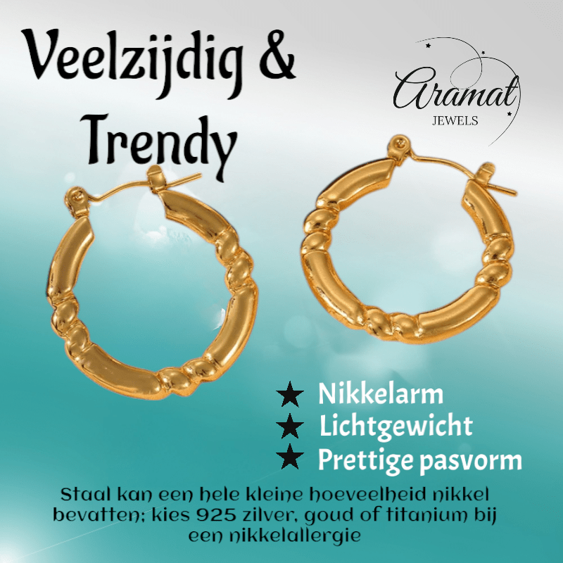 RVS Oorringen met Streepjes Motief – Goudkleurig 26x25mm - oor6361 - 840143 - Oorringen kopen# - 26mm - alles - cadeau