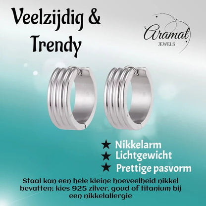 RVS Oorringen Zilverkleur Drie Strepen (13 & 20mm) – Uniseks - Aramat Jewels - Oorringen - cadeautip