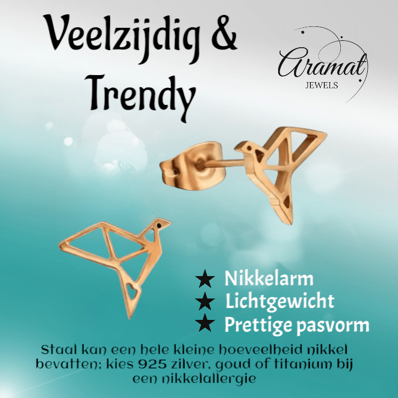 RVS Origami Vogel Oorbellen Roségoud 9mm - Gevouwen Vogeltjes - Aramat Jewels - Oorbellen - cadeautip