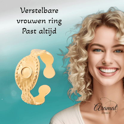 RVS Verstelbare Ring - Oog Motief met Dots - One Size - ring329 - 161814 - Ringen kopen# - Goudkleur - alles - boze oog