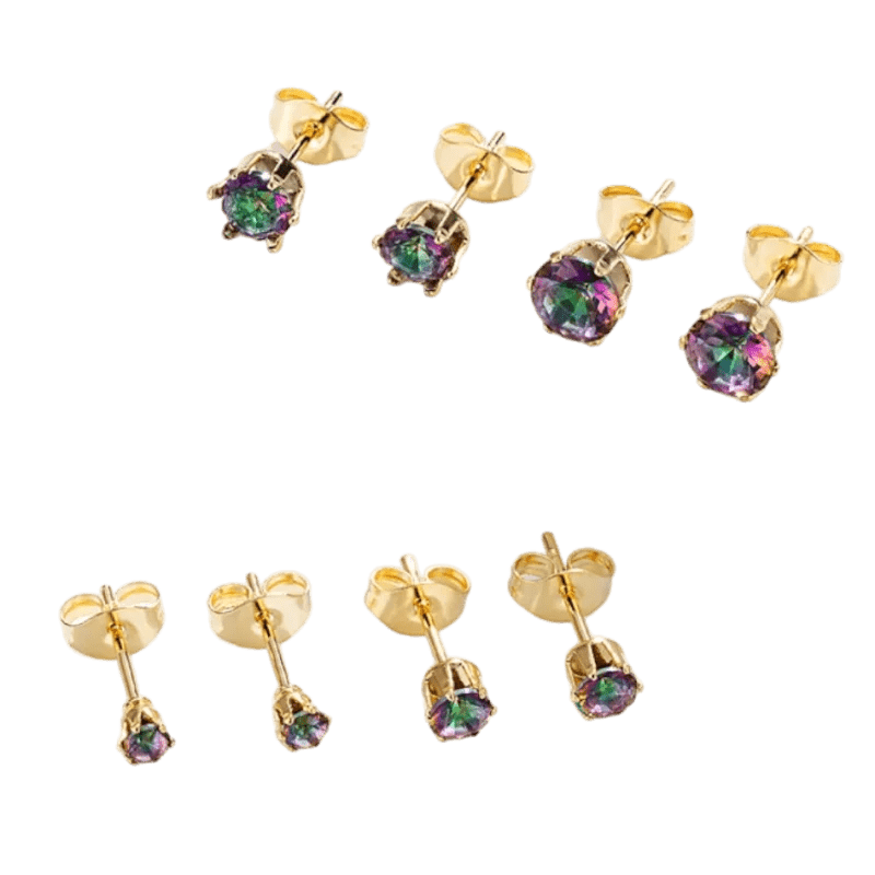 Set gouden oorbellen met veelkleurige edelstenen.