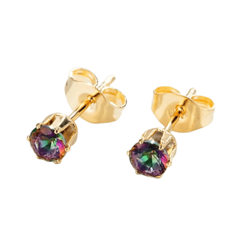 Paar gouden oorbellen met veelkleurige edelstenen.