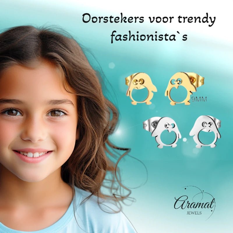 Schattige Stalen Pinguïn Oorstekers - Aramat Jewels - Oorbellen - cadeautip