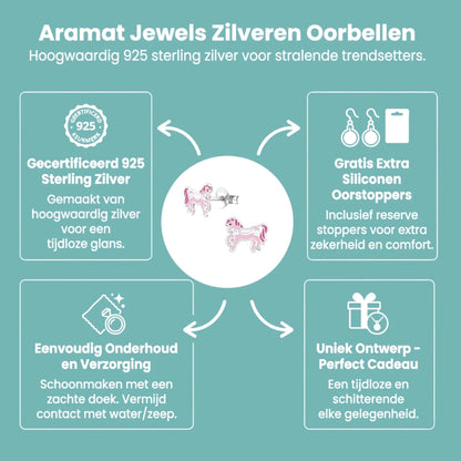 Schattige Zilveren Paarden Oorbellen – Roze Emaille – 9x7mm - Aramat Jewels - Oorbellen - cadeautip