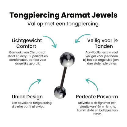 Aramat Jewels tongue piercing with white and black acrylic balls featuring a cute face design. Made of steel with a silver finish.