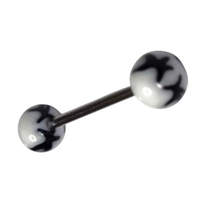 Aramat Jewels black and white acrylic face tongue piercing with a steel bar.