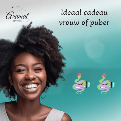 Slang Oorbellen Regenboog RVS – 12x7mm – Uniseks Dierenoorbellen - oor4891 - Oorbellen kopen# - 12mm - alles - cadeau