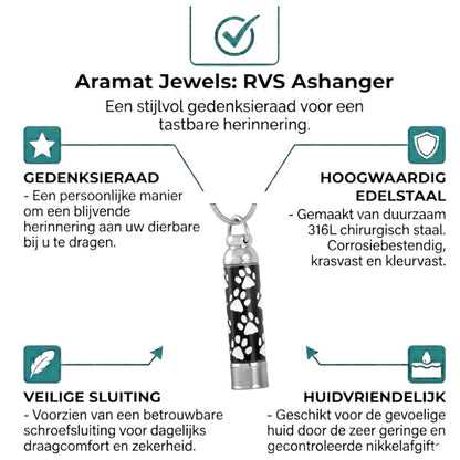Een zwart-witte hanger met pootafdruk van een hond
