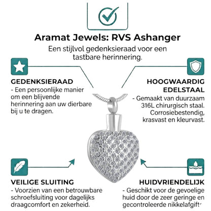 Stalen Ashanger Hart met Zirkonia Steentjes - hang270 - 8553 - Gedenkhangers kopen# - 33mm - alles - ashangers