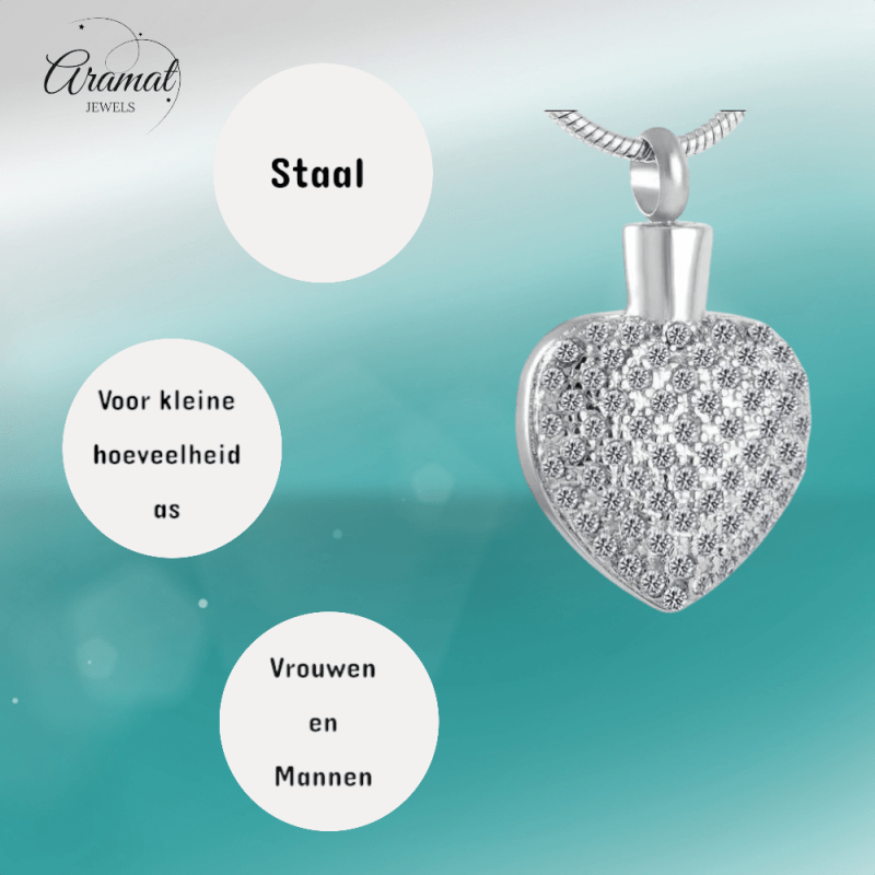 Stalen Ashanger Hart met Zirkonia Steentjes - hang270 - 8553 - Gedenkhangers kopen# - 33mm - alles - ashangers