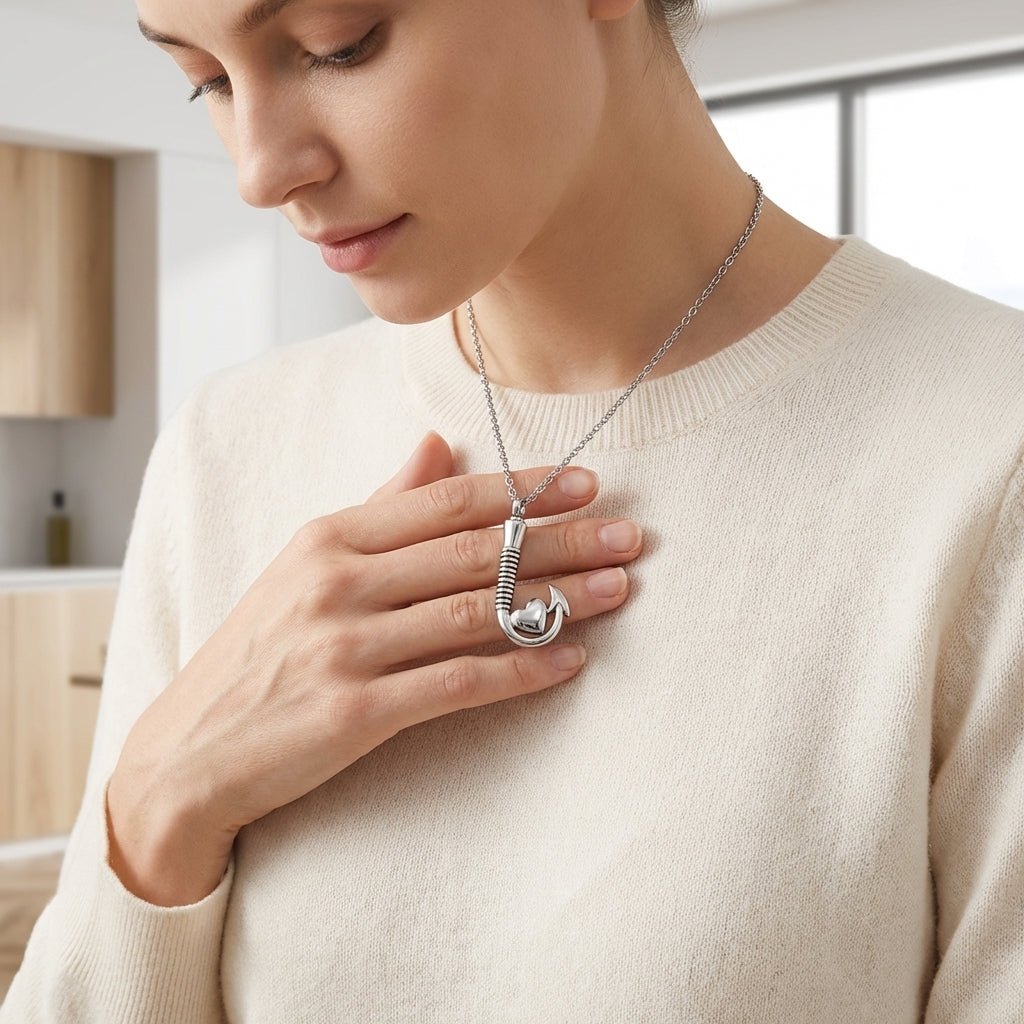 Stalen Ashanger Vishaak met Hartje - Zilverkleur & Zwarte Strepen - Aramat Jewels - Gedenkhangers - cadeautip