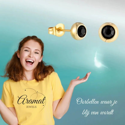Stalen Bolletjes Oorbellen met Zwarte Zirkonia-5mm | Oorbellen