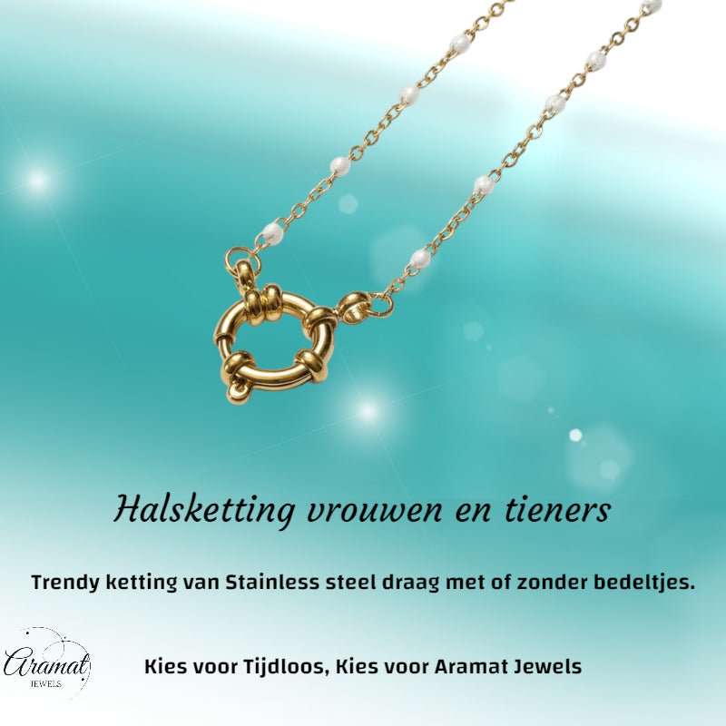 Stalen Damesketting met Wit Emaille bolletjes - Aramat Jewels - Bedelketting - cadeautip